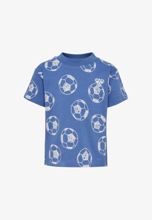 Blå bomuld t-shirt med et gentaget mønster af hvide fodboldbolde. Korte ærmer og en rund hals, designet til en afslappet pasform.