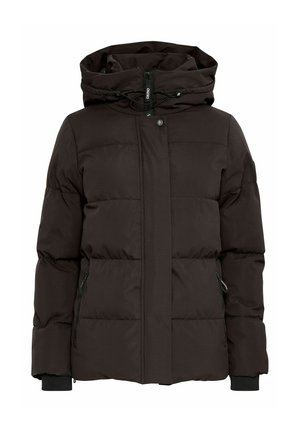 Black puffer jacket with a hood, featuring horizontal quilted design, front zipper, snap button closure, and side pockets with zippers.
