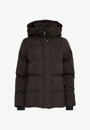 Mustard värvi puffjakker, millel on kapuuts, horisontaalne tikandid, ees tõmblukk, nööpidega sulgemine ja küljetaskud tõmblukkudega.