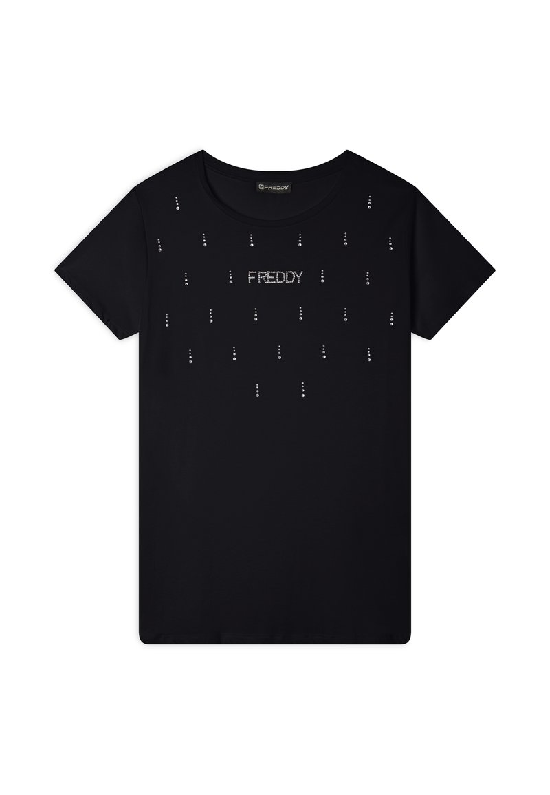 T-shirt nera in cotone con scollatura rotonda, maniche corte e una stampa frontale di puntini argento con il testo "FREDDY" al centro.