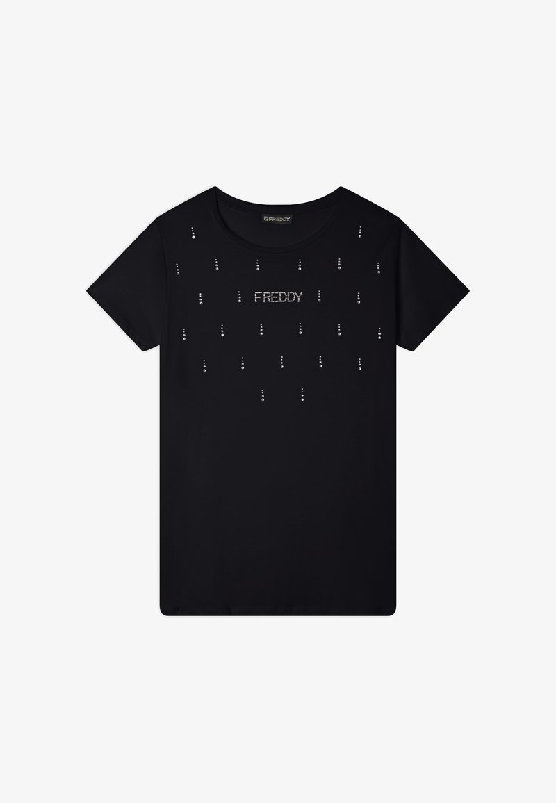 T-shirt nera in cotone con scollatura rotonda, maniche corte e una stampa frontale di puntini argento con il testo "FREDDY" al centro.