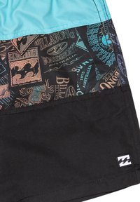 Pantaloni da nuoto con una parte superiore turchese, parte inferiore nera e un motivo grafico multicolore con loghi e design sui lati.