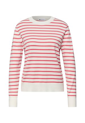 Suéter a rayas en blanco y rosa, con cuello y puños acanalados. Material de punto suave con mangas largas y un corte holgado.