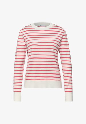 Gestreepte trui in wit en roze, met een geribbelde halslijn en manchetten. Zacht gebreid materiaal met lange mouwen en een losse pasvorm.