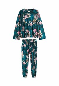 Kvetinový loungewear set v odtieni teal, ktorý obsahuje dlhý rukáv s okrúhlym výstrihom a elastickými manžetami, v kombinácii s nohavicami na elastický pás s vreckami.