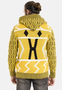 Gelbes gestricktes Sweatshirt mit Kapuze, das geometrische Muster in Schwarz und Weiß aufweist und strukturierte Zopfmusterärmel hat. Rückansicht gezeigt.
