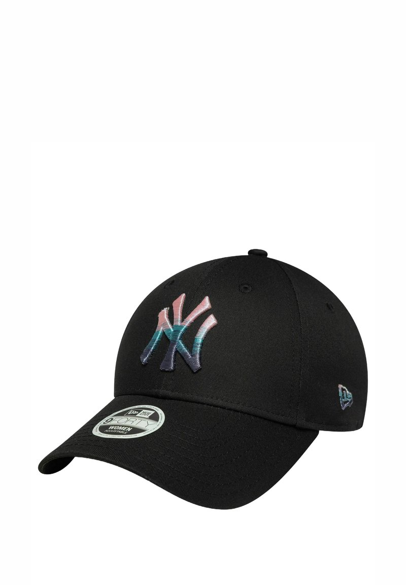 Black baseball cap with a curved brim. Features a multi-colored embroidered NY logo on the front. Made from fabric with a smooth texture.