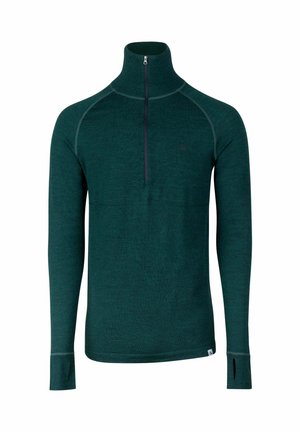 Tumma vihreä pitkähihainen neulepaita, jossa on korkea kaulus ja puolivetoketju. Varustettu raglan-hihalla ja peukalolenkeillä hihoissa, valmistettu teksturoidusta kankaasta.