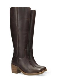 Botas de cuero marrón hasta la rodilla con punta redonda, tacón cuadrado y costuras mínimas. Textura suave con un ligero brillo y un diseño robusto.