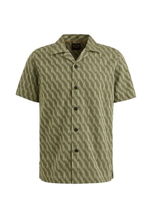 Camisa de manga corta con botones en verde olivo con un patrón de olas texturizado. Presenta un cuello amplio y cinco botones en la parte frontal.