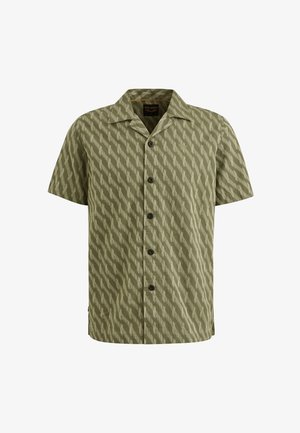 Kortærmet skjorte med knapper i olivengrøn med et struktureret bølge mønster. Har en spredt krave og fem knapper ned foran.