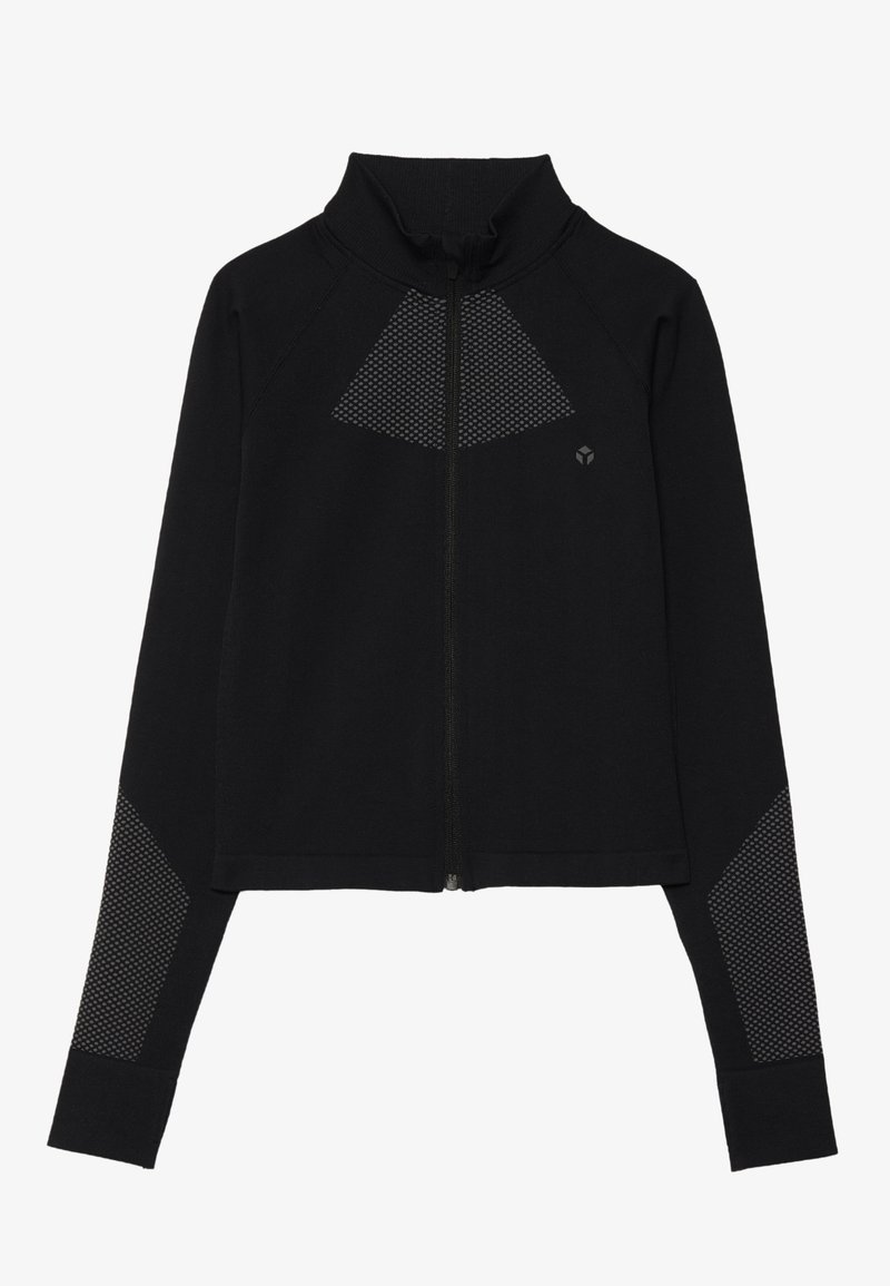 Černá zipová bunda s vysokým límcem, síťovým trojúhelníkovým vzorem na hrudi a texturovanými akcenty na rukávech.
