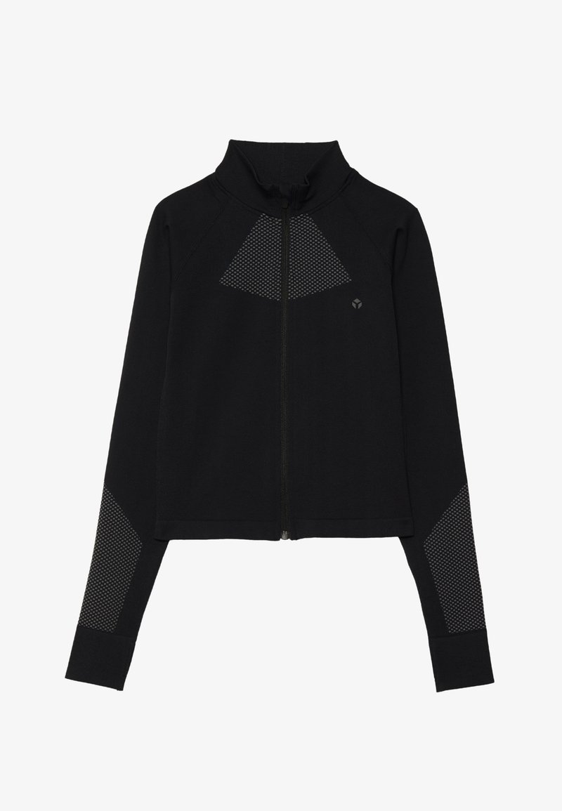 Černá zipová bunda s vysokým límcem, síťovým trojúhelníkovým vzorem na hrudi a texturovanými akcenty na rukávech.
