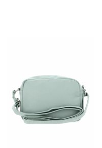 Sac bandoulière en cuir bleu clair avec une texture lisse, de forme rectangulaire, fond plat et une sangle réglable. Dispose d'une fermeture éclair.