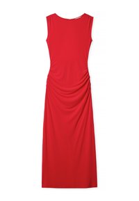 Czerwona sukienka bez rękawów z gładkiego materiału, z okrągłym dekoltem i zaszewkami po bokach, tworzącymi efekt falbany.