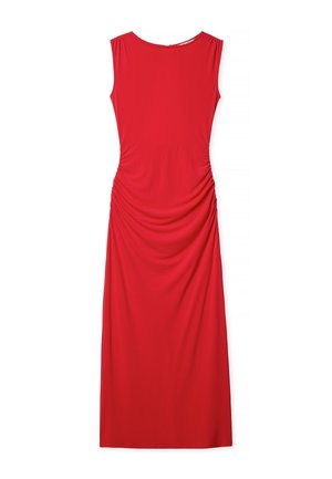 Czerwona sukienka bez rękawów z gładkiego materiału, z okrągłym dekoltem i zaszewkami po bokach, tworzącymi efekt falbany.