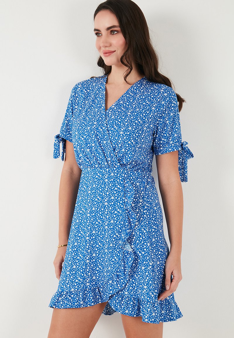 LELA FLORAL V NECK RUFFLE DETAIL MINI  - Dnevna haljina - baby blue