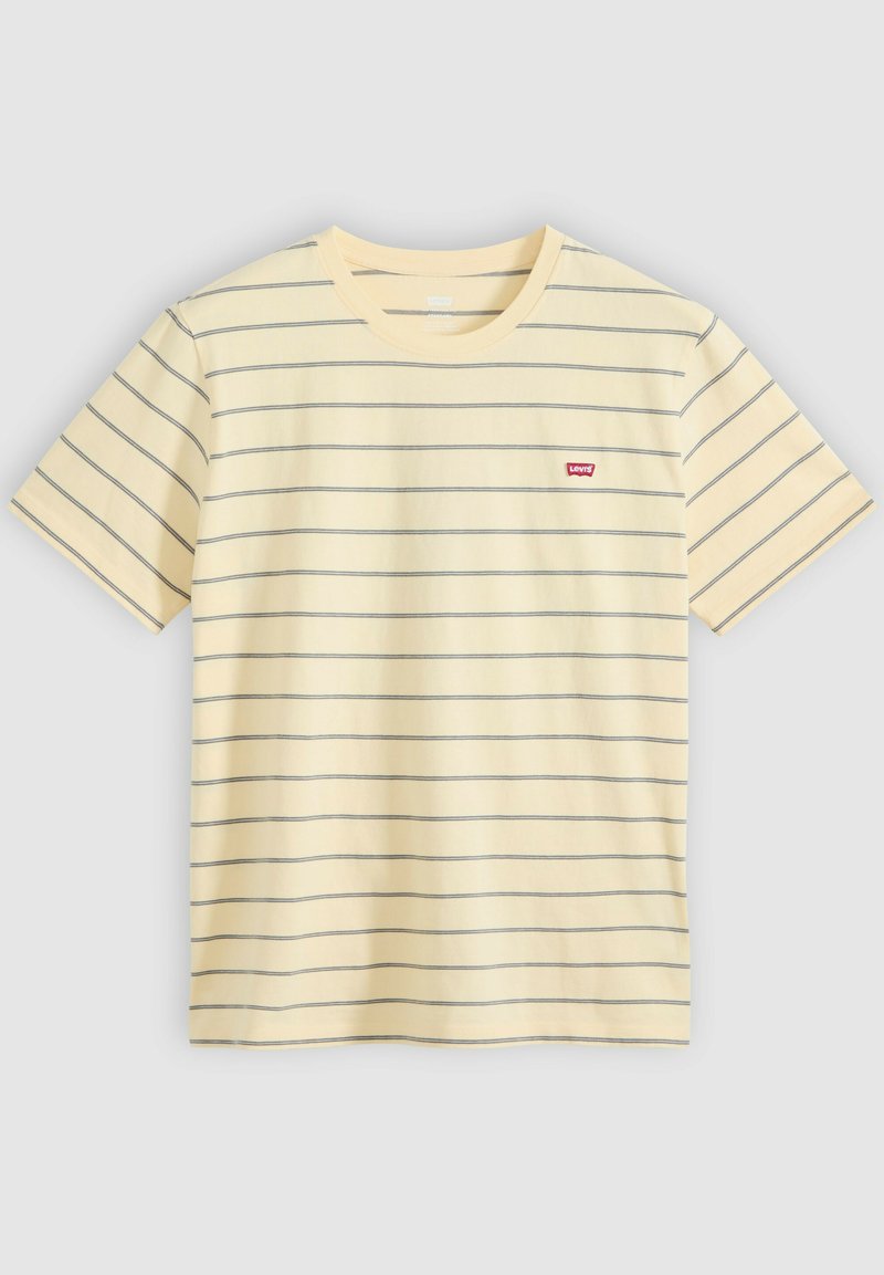 T-shirt à manches courtes, jaune clair, avec de fines rayures horizontales grises et un petit logo rouge Levi's sur la poitrine.