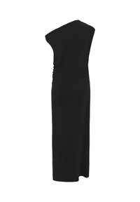 Sort én-skulder, ankel-længde kjole med rynkede detaljer på den ene side, tætsiddende silhuet, ingen synlige mønstre eller udsmykninger.