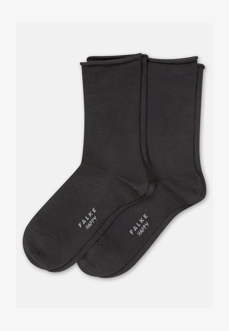 Paire de chaussettes noires montantes avec "FALKE HAPPY" imprimé en blanc sur les semelles, présentées à plat sur un fond clair.