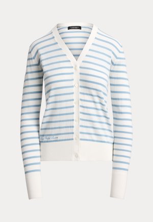 Λευκή ζακέτα με ανοιχτό μπλε οριζόντιες ρίγες, V-λαιμόκοψη, κουμπωτό μπροστινό μέρος και μακριά μανίκια με ριμπ μανσέτες και τελείωμα.