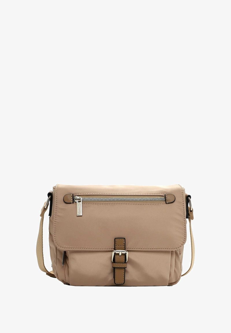 Sac messager en nylon beige avec rabat, poche zippée et sangle réglable. Doté d'un détail boucle et d'une texture lisse.