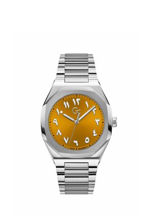 Stainless steel wristwatch with an orange dial featuring white Arabic numerals and three silver hands showing 10:10:30.