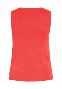 Haut rouge sans manches en maille avec un col rond et un ourlet droit, vu de dos.