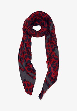 Rechteckiger Schal mit rotem und schwarzem Leopardenmuster und grauen diagonalen Streifen, mit ausgefransten Kanten und weicher Stoffstruktur.