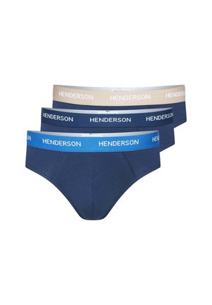 Drei Herren-Slips in Marineblau mit Bündchen in Beige, Dunkelblau und Blau, jeweils mit dem Namen Henderson gebrandmarkt.