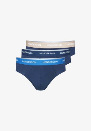 Drei Herren-Slips in Marineblau mit Bündchen in Beige, Dunkelblau und Blau, jeweils mit dem Namen Henderson gebrandmarkt.