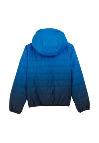 Blå huva pufferjacka med en gradient från klarblå till marin. Jackan har en quiltad design, elastiska ärmslut och en dragsko i fållen.