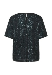 Zwart kortmouwen top bedekt met pailletten met een licht losse pasvorm, met een sleutelgatopening op de rug. Glad stoftextuur.