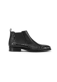 Botas Chelsea de cuero negro con un estampado de cocodrilo texturizado, paneles laterales elásticos y un tacón bajo apilado para estabilidad.