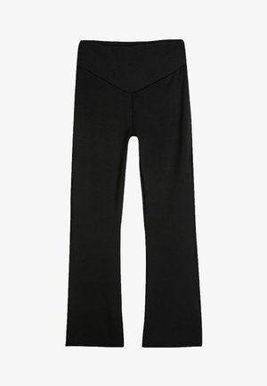 Leggings noires évasées avec une taille haute. Tissu lisse et extensible avec un design simple et des lignes épurées, sans motifs ni accents visibles.