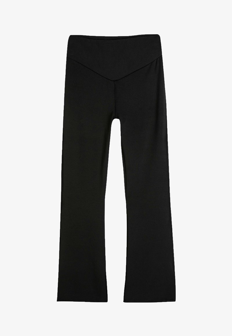 Zwarte flared leggings met een hoge tailleband. Glad, rekbaar stof met een eenvoudig ontwerp en schone lijnen, zonder zichtbare patronen of accenten.