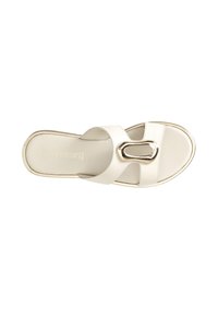 White leather slide sandal with a gold metallic accent and two wide straps. Smooth texture, cushioned sole, and contrasting gold trim.