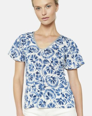 Bloemrijke blouse met korte mouwen in het wit met blauwe bladerenpatronen, V-hals en subtiele grijze afwerking langs de hals. Lichte stof.