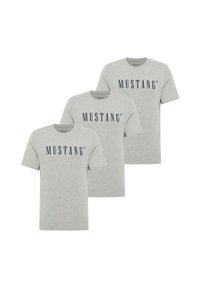 Gray cotton t-shirts in a pack of three, featuring a navy "MUSTANG" logo printed on the front. Short sleeves and crew neck design.