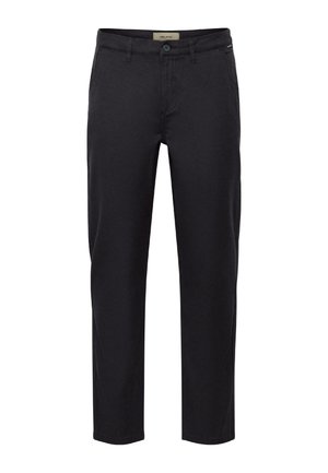 Pantalones negros exhibidos sobre un fondo blanco, con cierre de botón y un diseño de pierna recta. Adecuados para ocasiones casuales o formales.