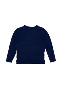 Maglione lavorato a maglia blu navy con maniche lunghe, polsini a costine e scollatura a girocollo. Accenti bianchi distintivi su entrambi i lati vicino all'orlo.