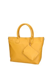 Gele leren tote bag met twee handvaten, met een gestructureerd oppervlak en een afneembare ritszak. Eenvoudig ontwerp, ronde vorm.