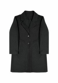 Schwarzer Wollmantel mit strukturiertem Revers, einreihigem Design, zwei Vorderaschen und zwei Knöpfen, mit einer glatten Textur.