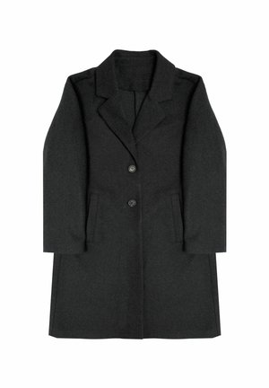 Abrigo de lana negro con solapa estructurada, diseño de un solo botón, dos bolsillos frontales y dos botones, con una textura suave.