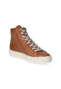 Brown leather high-top sneakers with gray laces and a light-colored rubber sole. Features a side zipper for easy wear.