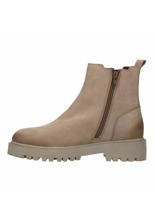 Beige enkelboot van glad leer, met een zijrits, een dikke rubberen zool met een profiel en een lus aan de hiel.