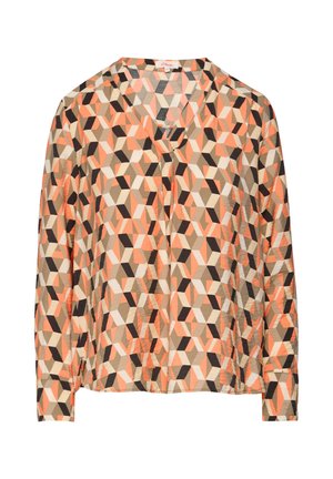 Langärmlige Bluse mit V-Ausschnitt, die ein geometrisches Muster in Schattierungen von Pfirsich, Beige und Schwarz auf einem hellen Hintergrund zeigt.