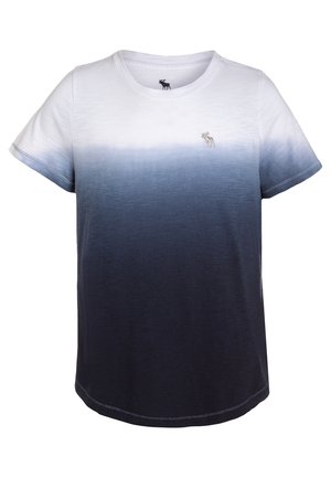 Kortærmet T-shirt med hvid til mørkeblå gradient og lille elg-logo på venstre bryst.