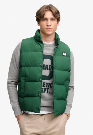 Ung mand iført en grøn dunvest over en grå sweatshirt og beige bukser, stående med hænderne i lommerne mod en hvid baggrund.