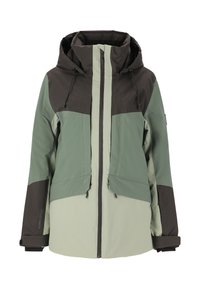 Giacca impermeabile con un mix di pannelli verde scuro e grigio chiaro, cappuccio regolabile, zip frontale e polsini elasticizzati per una vestibilità aderente.